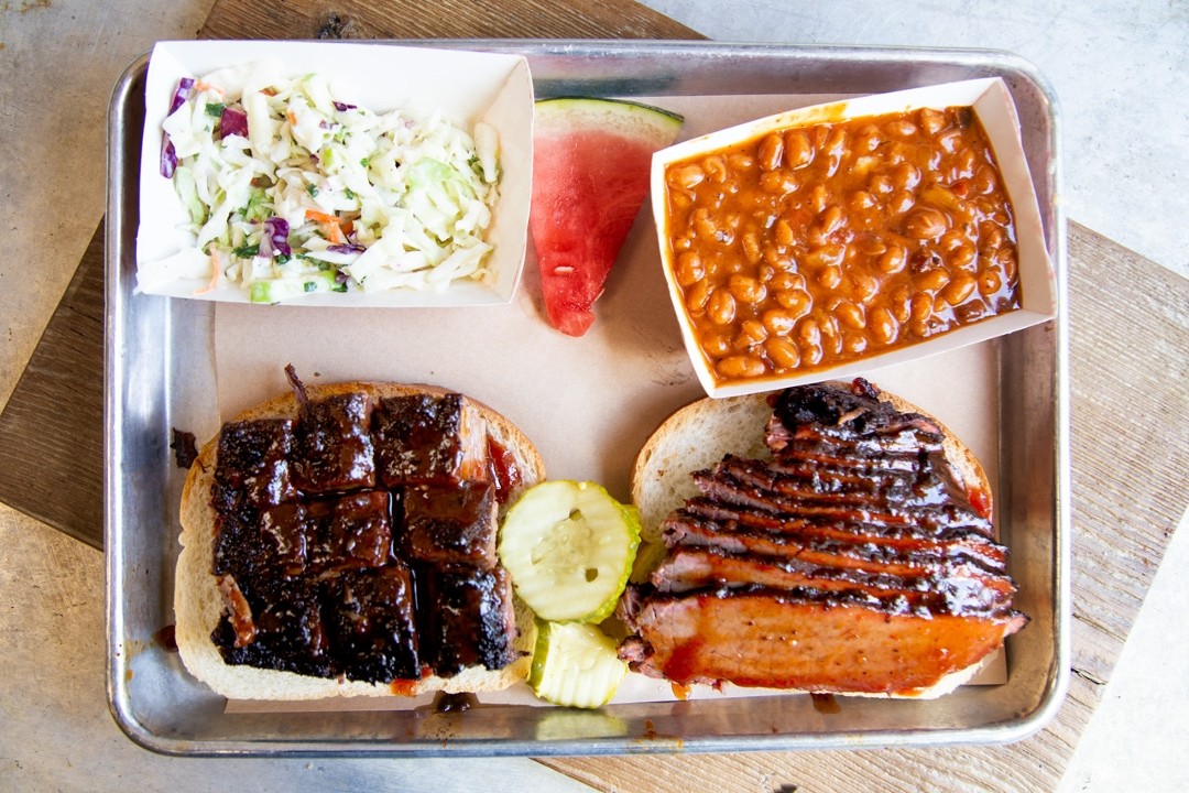 Choose 2 Combo Brisket or Burnt Ends, Pulled Pork, Chicken Thighs, Turkey, Housemade Chipotle Ghost Peperjack Sausage, Wings