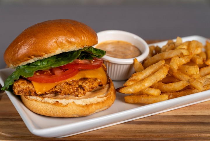 Jerk Rubbed Chicken Sandwich with Fries