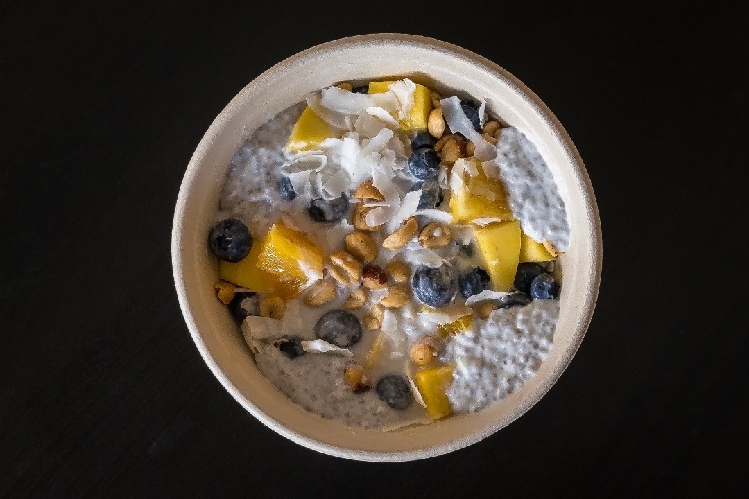 Sweets Chia Pudding, Fruit, Coconut Cream and Peanuts