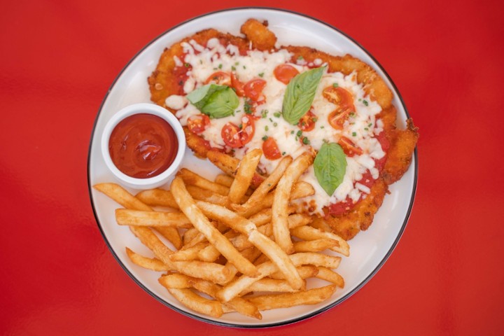 Milanesa Caprese: Chicken Milanesa, San Marzano Tomato Sauce, Provolone and Mozzarella Cheese, Cherry Tomato, Chives, Basil & Fries