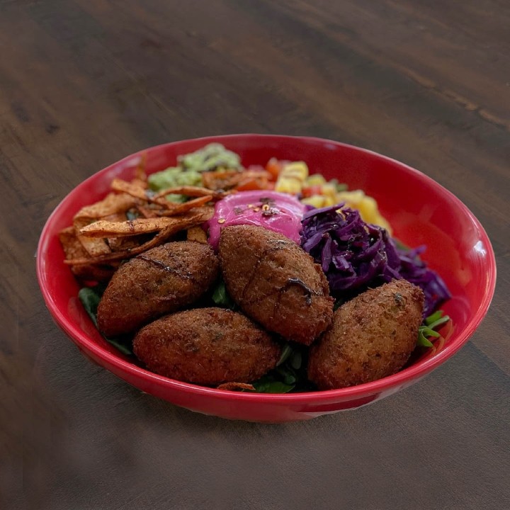 Falafel, Avocado, Cherry Tomato, Grilled Pineapple, Pickled Cabbage, Green Leaves, Crispy Tortilla