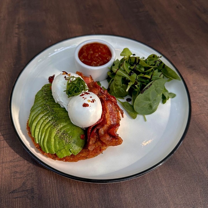 Potato Rosti, Avocado, Crispy Bacon, Poached Egg, Tomato Relish