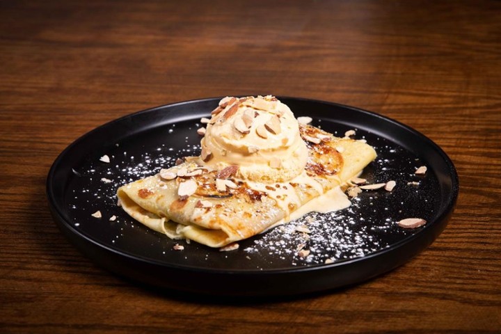 Crepe w/ Dulce de leche, Vanilla Ice Cream & Toasted Almonds