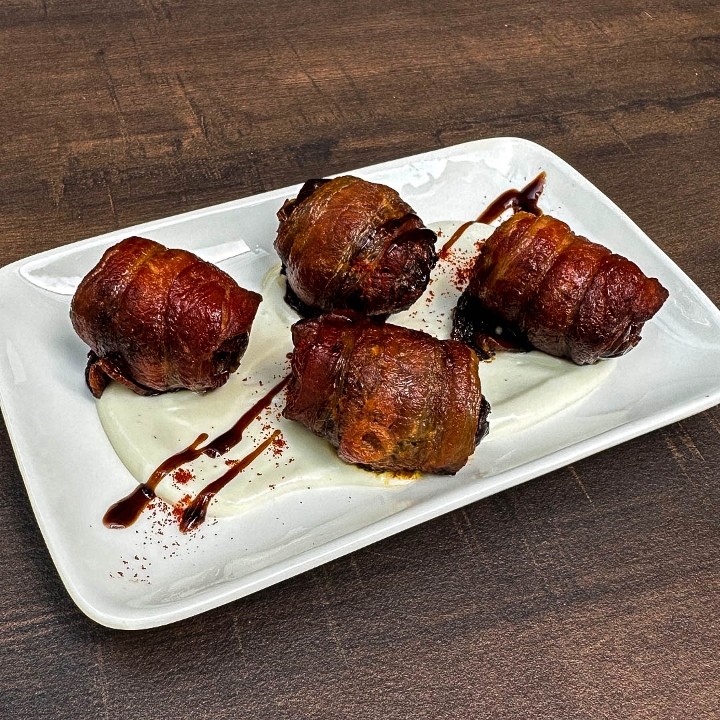 Bacon Wrapped Dates, Chorizo, Gorgonzola Mousse & Balsamic Glaze