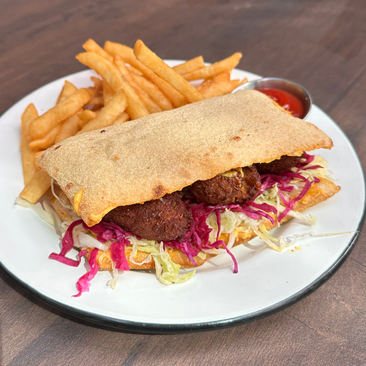 Falafel, Caramelized Carrot Aioli, Pickled Red Cabbage, Lettuce, Sweet Criolla, Sriracha & Fries