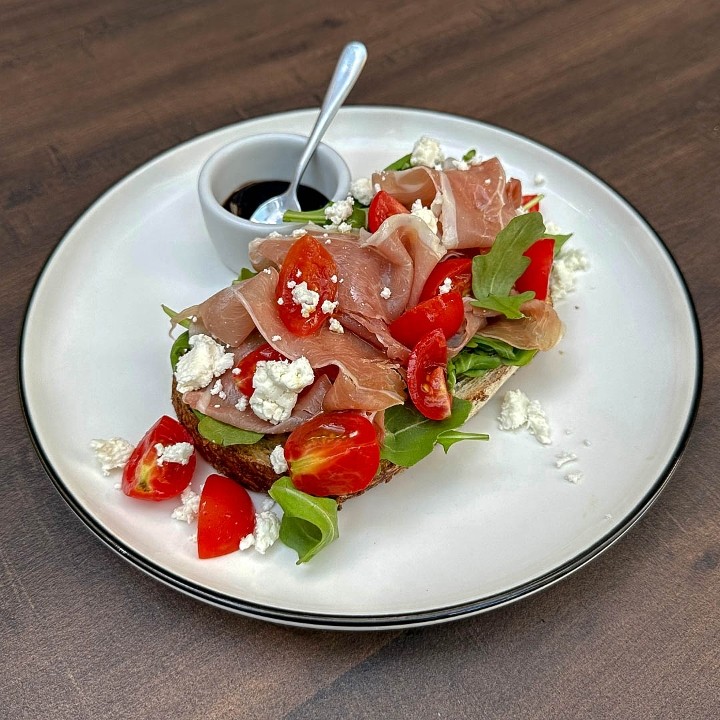 Salty: Sourdough, Arugula, Prosciutto, Goat Cheese, Cherry Tomato, Balsamic Glaze