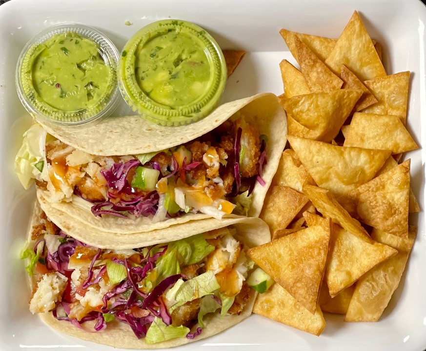 2 FISH TACOS WITH GUACAMOLE AND CHIPS