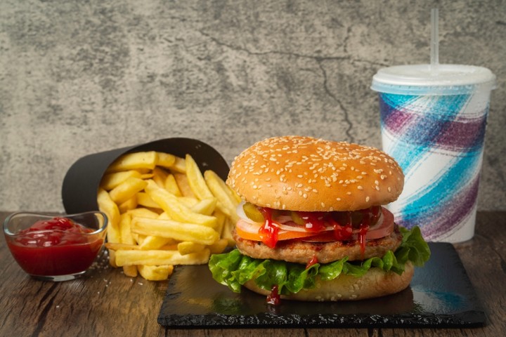 IMPOSSABLE BURGER  WITH FRIES AND A DRINK