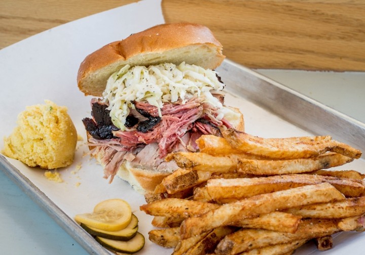 Respect The Pig - Pulled Pork Sandwich, Fries, Corncake, and Pickles