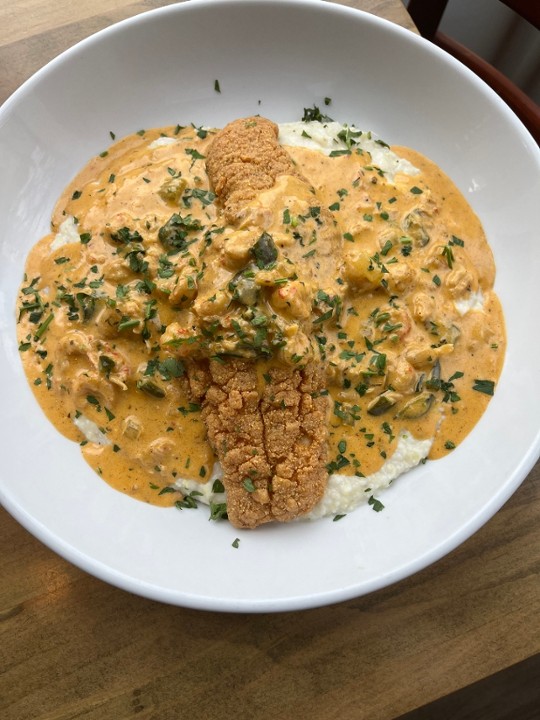 Catfish and Grits with Crawfish Cream