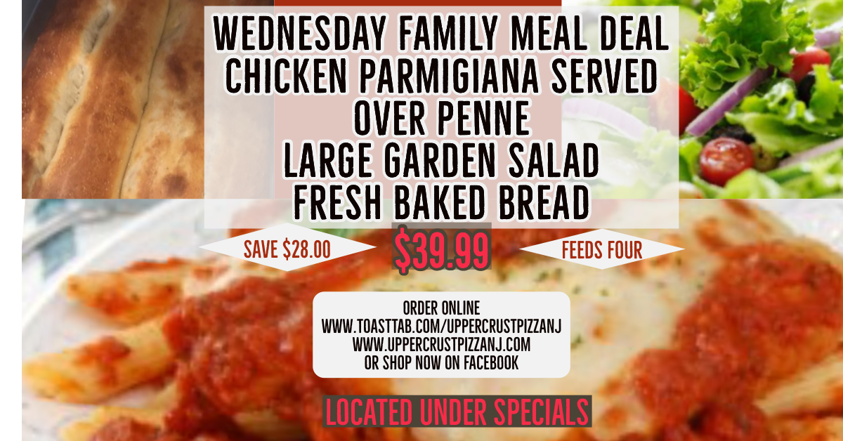 wednesday Family Deal with Chicken Parm, Spaghetti or Penne, Large Salad and Homemade Bread