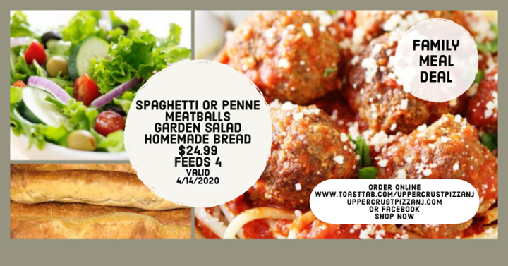 Tuesday Family Deal Spag or Penne with Meatballs, Garden Salad, Homemade Bread