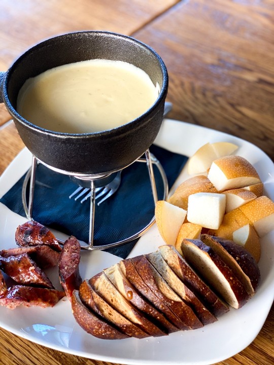 Beer Fondue with Sausage, Pretzel & Pear