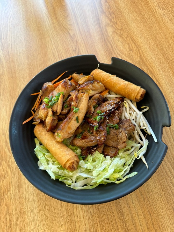 Grilled Beef with Crispy Spring Rolls