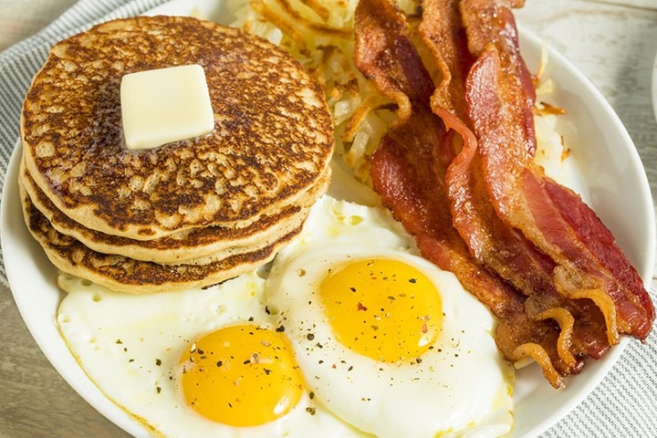 HUNGRY BREAKFAST-PANCAKES-EGGS-BACON-AND-HASHBROWNS*