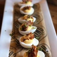 Bourbon Candied Bacon Deviled Eggs