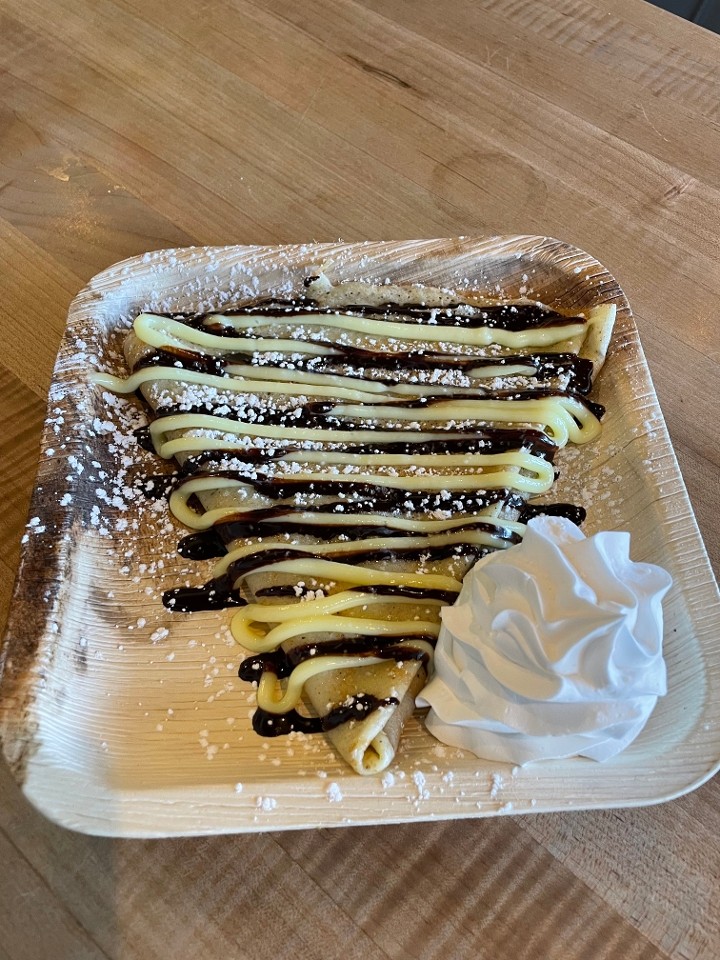 Bavarian creme crepe with chocolate drizzle