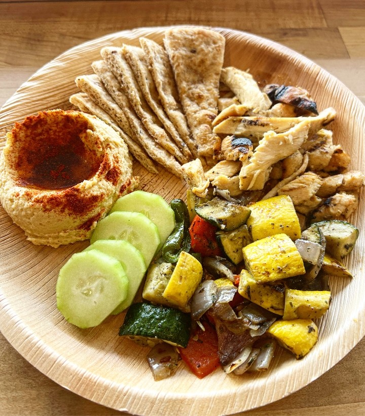 Chicken ,oven roasted veggies and hummus plate