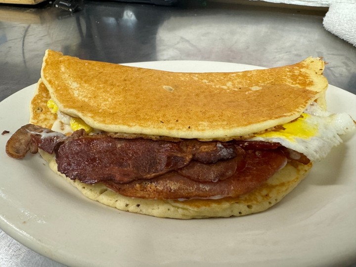 BACON EGG AND CHEESE ON A PANCAKE