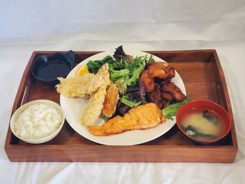 (E) Salmon Teriyaki, Tempura & Sesame Chicken