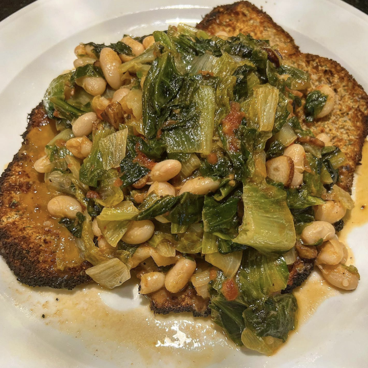 Baked Chicken Cutlet with Escarole and Beans