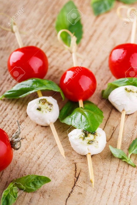 Tomato + Fresh Mozzarella Skewers, Basil with Pesto Dipping Sauce (DZ)