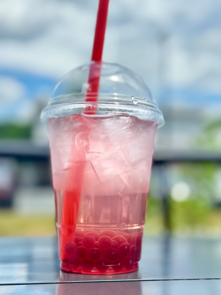 CRISP RASPBERRY BOBA DRINK 16 OZ (raspberry, blackberry and blueberry flavored base with lemonade and raspberry boba pearls)