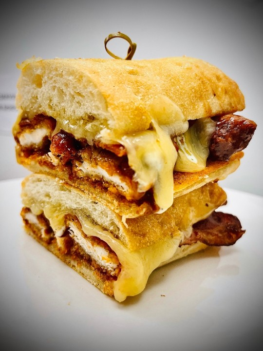 HONEY BBQ CHICKEN SUPERMELT W/FRIES (fried chicken, cheddar, honey bbq, bacon, & ranch on ciabatta)