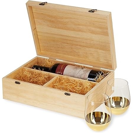 Wood Wine Box with Set of 2 Stemless Glasses