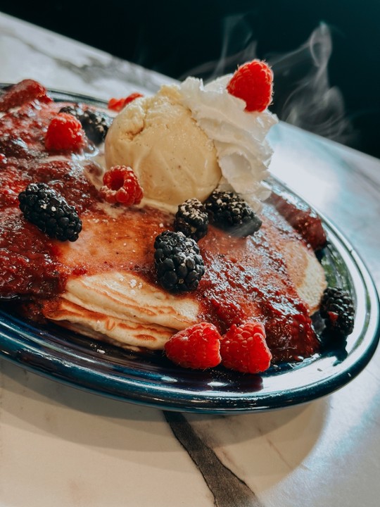Pancakes W/Berry Compote & Vanilla Ice Cream
