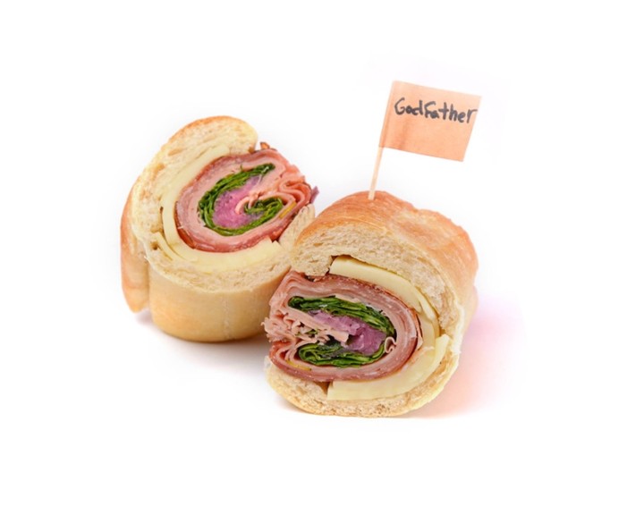 PICTURE ONLY: Godfather (mortadella, speck, provolone, red wine vinagrette, arugula, pickled red onions)