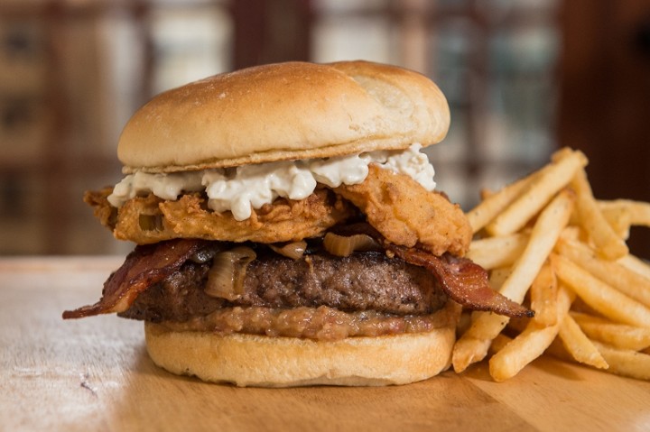 THE FRIED APPLE BLUE CHEESE BACON BURGER