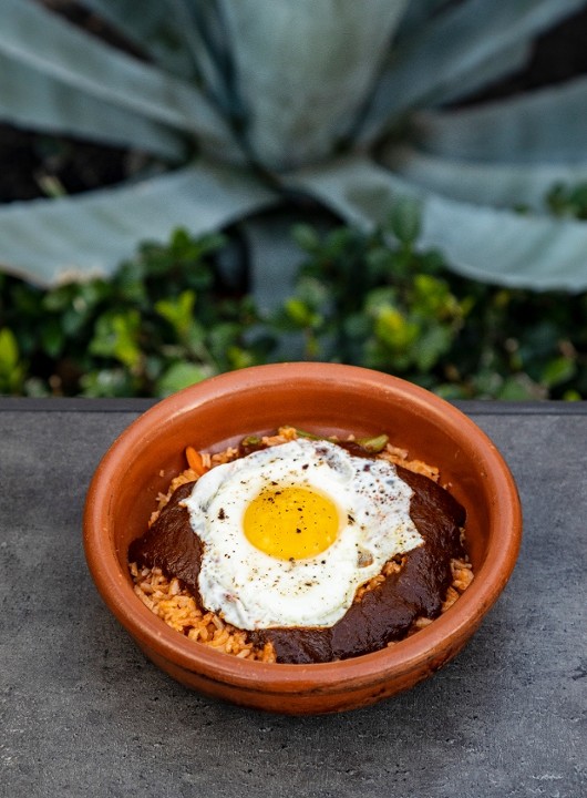 Arroz con Mole topped with a Fried Egg