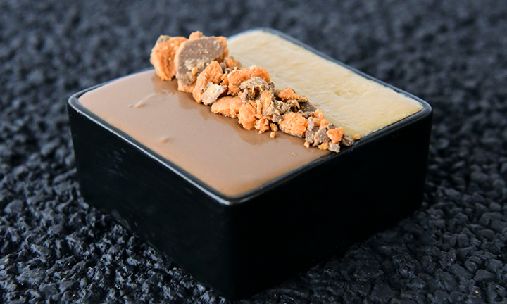 Butterscotch Pudding with Chocolate Ganache and Butterfinger Crumbles (V – contains nuts)   